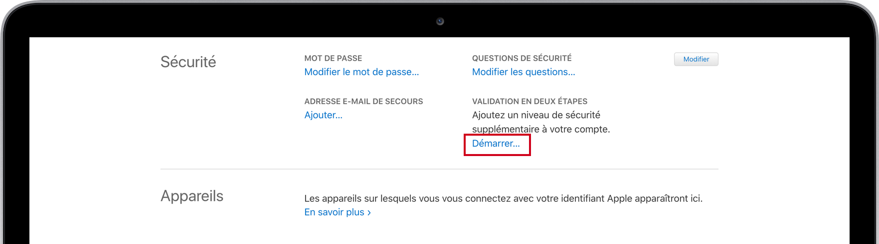 Capture d'écran qui montre comment configurer l'authentification en deux étapes